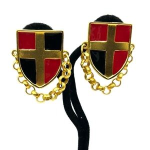 Gold and Red Shield Earrings with Chain Clip on Earrings  Vintage 80’-90’s